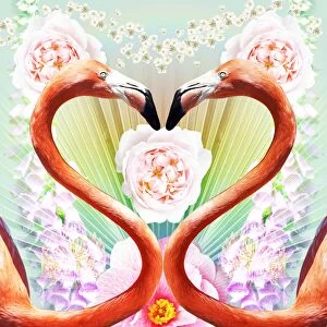 Kitsch design of Flamingos creating a heart shape with flowers