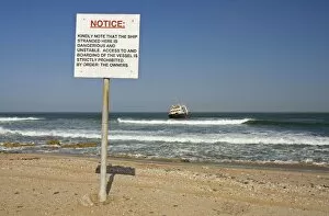 Images Dated 12th May 2007: The Kolmanskop Stranded - On rocky reef near Swakopmund, warning notice