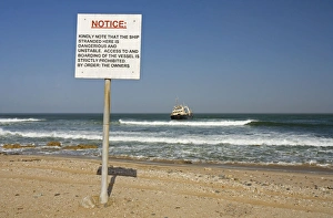 Images Dated 12th May 2007: The Kolmanskop Stranded On rocky reef near Swakopmund, warning notice Namibia, Africa