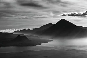 Tranquillity Collection: Lake Atitlan with mountain scene - Guatemala. In black & white