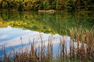 Lake reflections, Peaks Of Otter, Blue Ridge Parkway, Smoky Mountains, USA. Date: 04-10-2018
