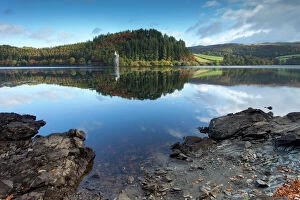Reflections Gallery: Lake Vyrnwy straining tower at sunsise Autumn