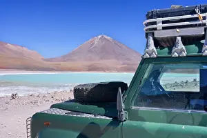 Vehicles Prints: Landrover at Laguna Verde - a Landrover Defender is parked at turqoise coloured Green Laguna