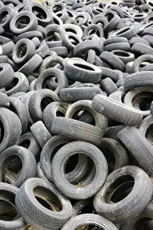 Recycling Prints: Large pile of old used car tyres, Dunedin, New Zealand