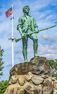 Lexington Minute Man Patriot Statue, Lexington Battle Green, Massachusetts. Site of April 19, 1775 first battle of American Revolution, statue of John Parker Leader of American Patriots, created 1900 by Henry Kitson