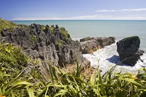 Outcrops Prints: Limestone outcrops on cliffs and offshore Punakaiki South Island New Zealand