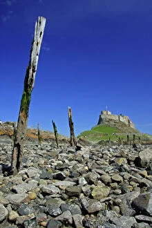 Castle Collection: Lindisfarne, Holy Island-view of castle taken from the beach at low tide, Northumberland UK