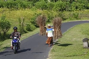 Man - carrying firewood along road - with man on motorbike