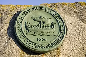 Historical Prints: Medallion on Barfleur rock commemorating William the Conqueror 1006 Normandy France