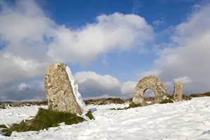 Men an Tol - ancient monument - in snow - Cornwall - UK