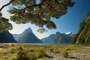 Images Dated 4th February 2008: Milford Sound with landmark Mitre Peak and surrounding mountains