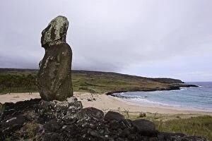 Moai on Ahu Ature Huki. Anakena Bay. Easter Island