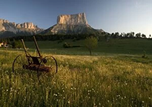 Images Dated 3rd June 2005: Mont Aiguille at dawn, with hay meadow. Limestone peak in Vercors, east France