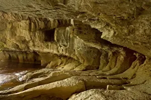 Moria Gate Arch by water sculpted limestone formations inside the arch which is actually more a cave Oparara Basin, Karamea region, West Coast, South Island, New Zealand