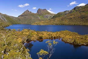 Images Dated 10th December 2008: Mountain scenery - stunning Dove Lake in front of massive Cradle Mountain is one of Tasmania's