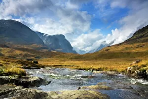 Valley Gallery: Mountain Stream - view looking down the valley looking towards Glencoe with the Three Sisters on the left - November