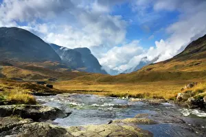 Hill Prints: Mountain Stream - view looking down the valley looking towards Glencoe with the Three Sisters on the left - November