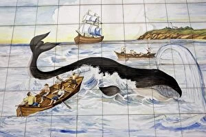 Mural of small Spanish whaling boat harpooning