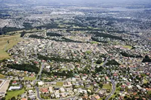 Auckland Prints: New Zealand - aerial of Auckland suburbs near airport, North Island