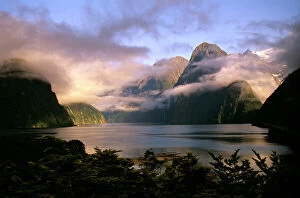 Weather Conditions Collection: New Zealand - Milford Sound during a storm Fiordland National Park, South Island