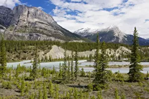 North Saskatchewan River valley at Saskatchewan Crossing, with Whitegoat Peak beyond; Banff National Park, Rockies, Canada