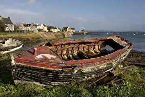 Wreck Prints: Old Boat on shore by harbour. Le Fret, Brittany, France