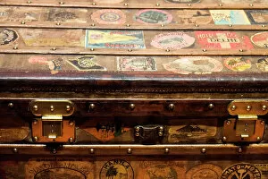 Images Dated 28th February 2022: Old steamer trunk covered with stickers of various destinations. Date: 15-12-2017