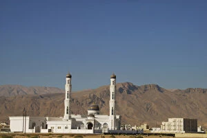 Oman, Sur, view of a mosque on remote landscape