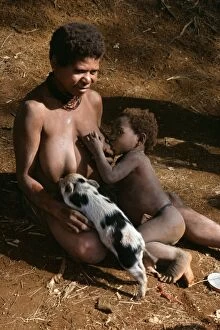 Papua New Guinea - Huli woman breast feeding child & piglet