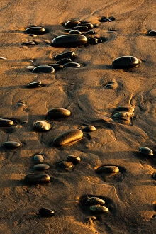 Jones Gallery: Pattern of smooth round stones on beach at sunset