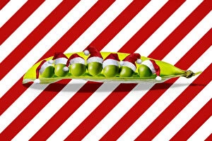 Peas, Petit Pois in a pod with Christmas hats