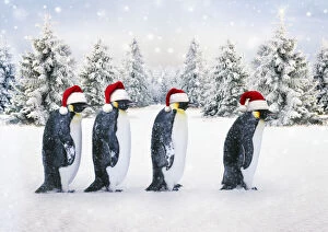Penguins in winter snow scene, with top hats