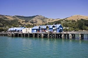 South Island Collection: Pier in Akaroa harbour with office of Akaroa Dolphins. Banks Peninsula - New Zealand