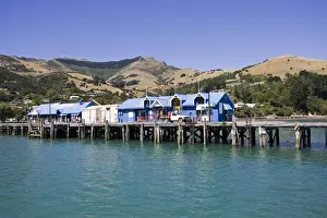 Piers Prints: Pier in Akaroa harbour with office of Akaroa Dolphins. Banks Peninsula - New Zealand