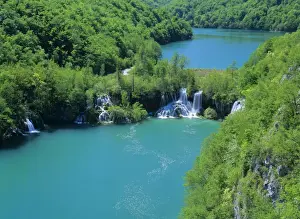 Mediterranean Prints: Plitvice Lakes lower canyon with waterfalls and turqoise coloured lakes seen from above Plitvice Lakes National Park