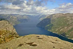 Fjords Prints: Preikestolen view from rock pulpit Preikestolen down to Lysefjord and surrounding mountains Preikestolen
