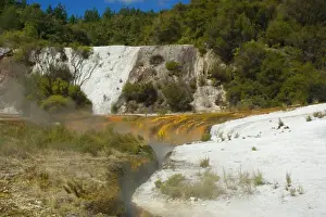 North Island Prints: Rainbow and Cascade Terrace colourful silica terrace formed by hot water algae growing in the geothermal area of Orakei