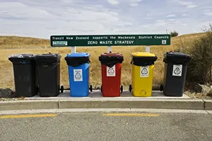 Recycling Prints: Recycling - colourful recycling bins at visitor centre near Lake Pukaki Mackenzie District New Zealand where