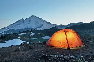 Pacific Prints: Red Big Agnes backpacking tent illuminated at twilight at backcountry camp on Ptarmigan Ridge