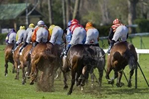 Images Dated 2nd May 2007: Riders and Racehorses galloping around racecourse