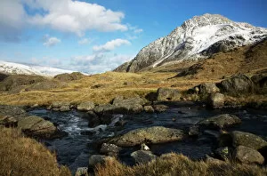 Moor Collection: River Idwal with Tryfan covered in snow - March - Ogwen Valley - Snowdonia - Gwynedd - North Wales