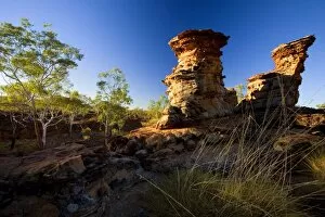 Keep River Rock formations - chimney shaped rock formations and gum trees in early morning light