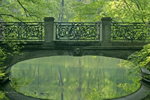 Images Dated 29th April 2007: Romantic bridge in baroque style reflecting in brook in spring forest Park of Nymphenburg castle
