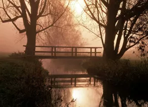 Romantic bridge spanning brook in morning mist