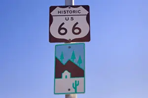 Route 66 sign - road sign of historic Route 66 in Seligman - Arizona, USA