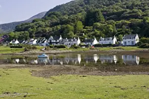 Cottages Prints: Row of cottages reflected in harbour Lochranza Isle of Arran Bute Scotland UK
