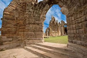The Ruins of Whitby Abbey above the town and harbor