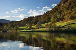 Landscapes Prints: Rydal Water in evening light with woodland reflections - October - Lake District - England