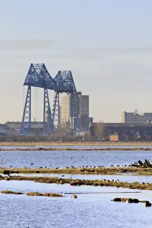 Saltholme Reserve - RSPB wildlife and nature reserve - View across reserve pools with wetland birds and Middlesbrough transporter bridge - Cleveland - UK 0310_0432