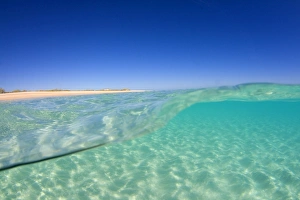 Images Dated 26th July 2008: Sand ripples - over and under water shot of a sun drenched ocean. The sunlight reflects on the waves